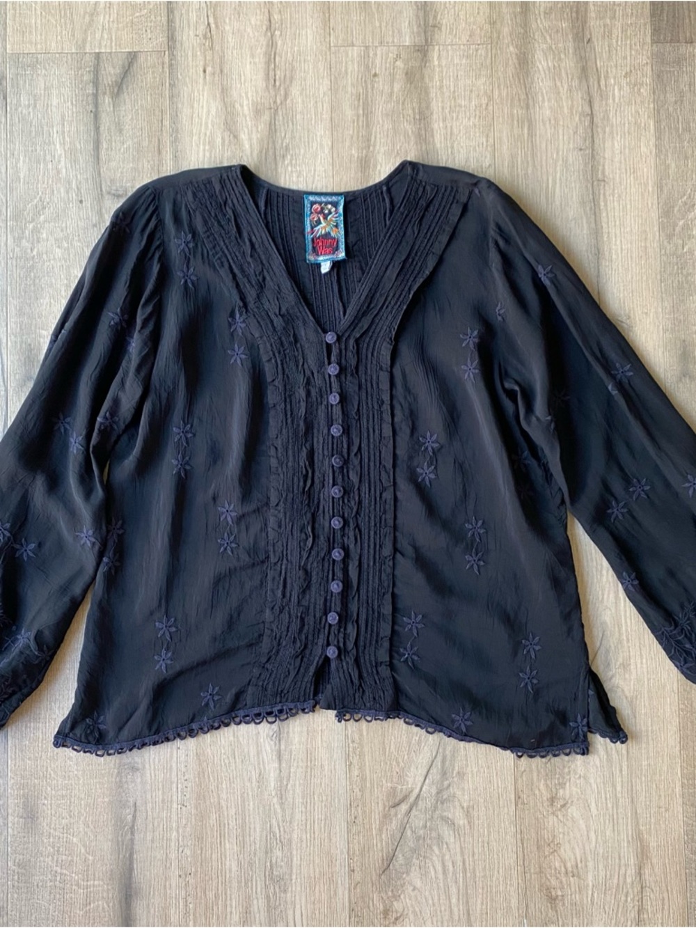 Johnny Was Dark Navy Embroidered Button-Front Peasant Blouse